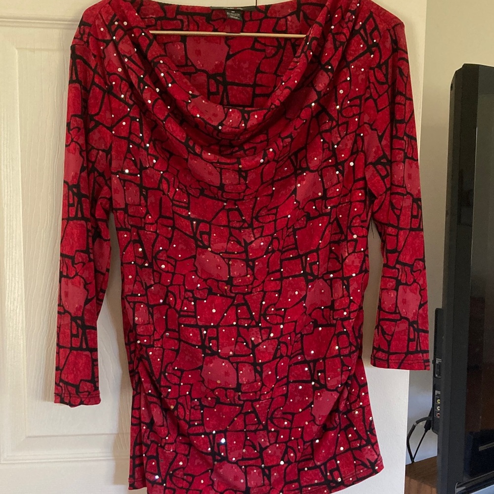 Red Cowl Neck Top with Black Pattern